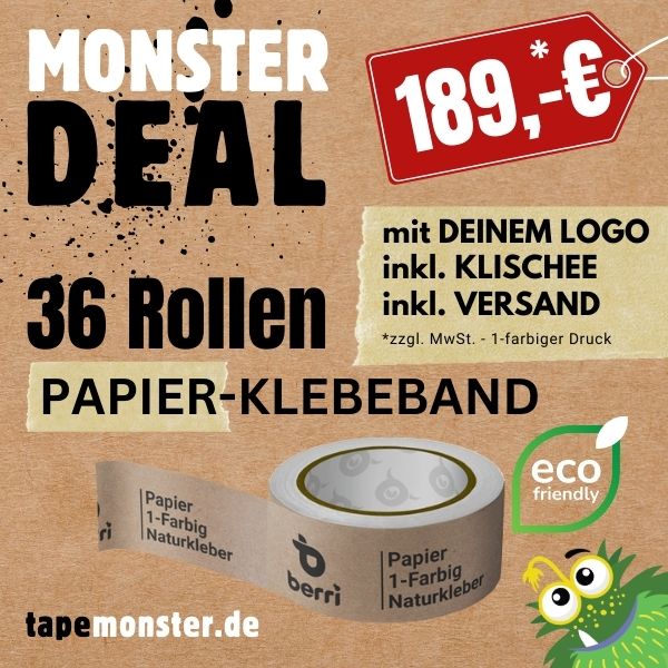 Monster Deal: 36 Rollen nachhaltiges Papierklebeband mit Logoaufdruck - Umweltfreundliche Alternative mit starkem Halt.