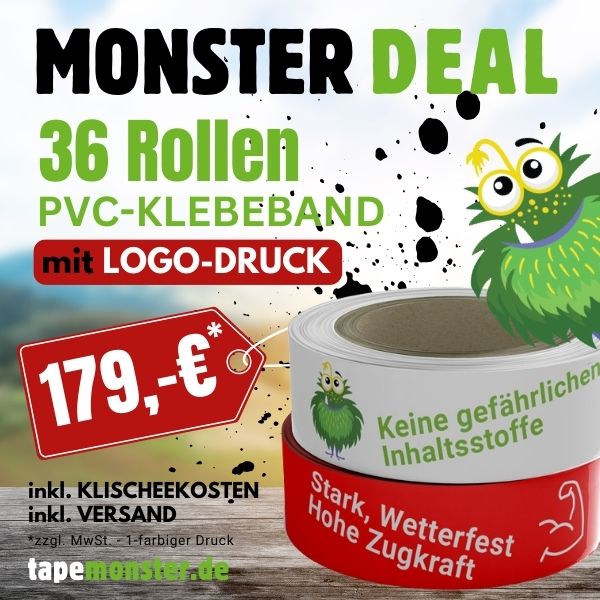 Monster Deal: 36 Rollen PVC-Klebeband mit Logoaufdruck - Extra starkes, witterungsbeständiges Klebeband für professionelle Verpackungen.