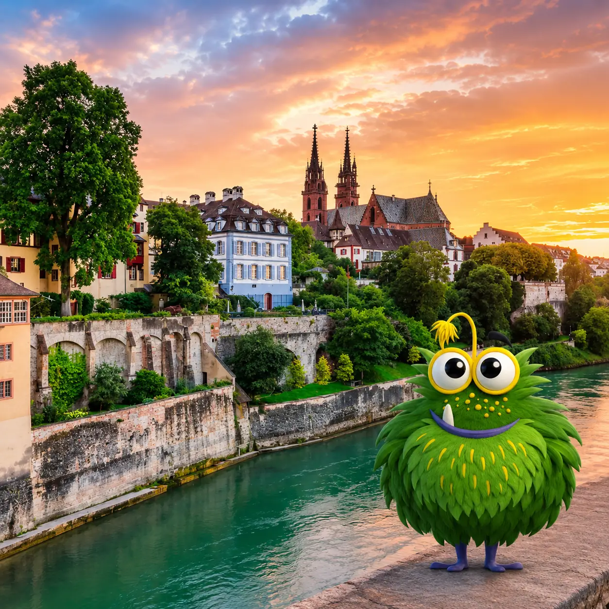 Bedrucktes Klebeband für Basel – Tapemonster-Maskottchen Möh am Rheinufer vor dem Basler Münster