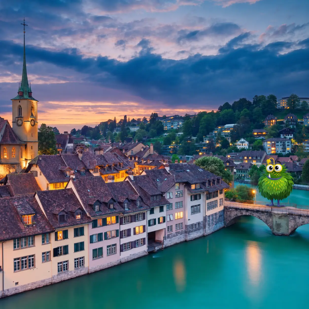Bedrucktes Klebeband für Bern – Tapemonster-Maskottchen Möh über der Aare vor der Berner Altstadt