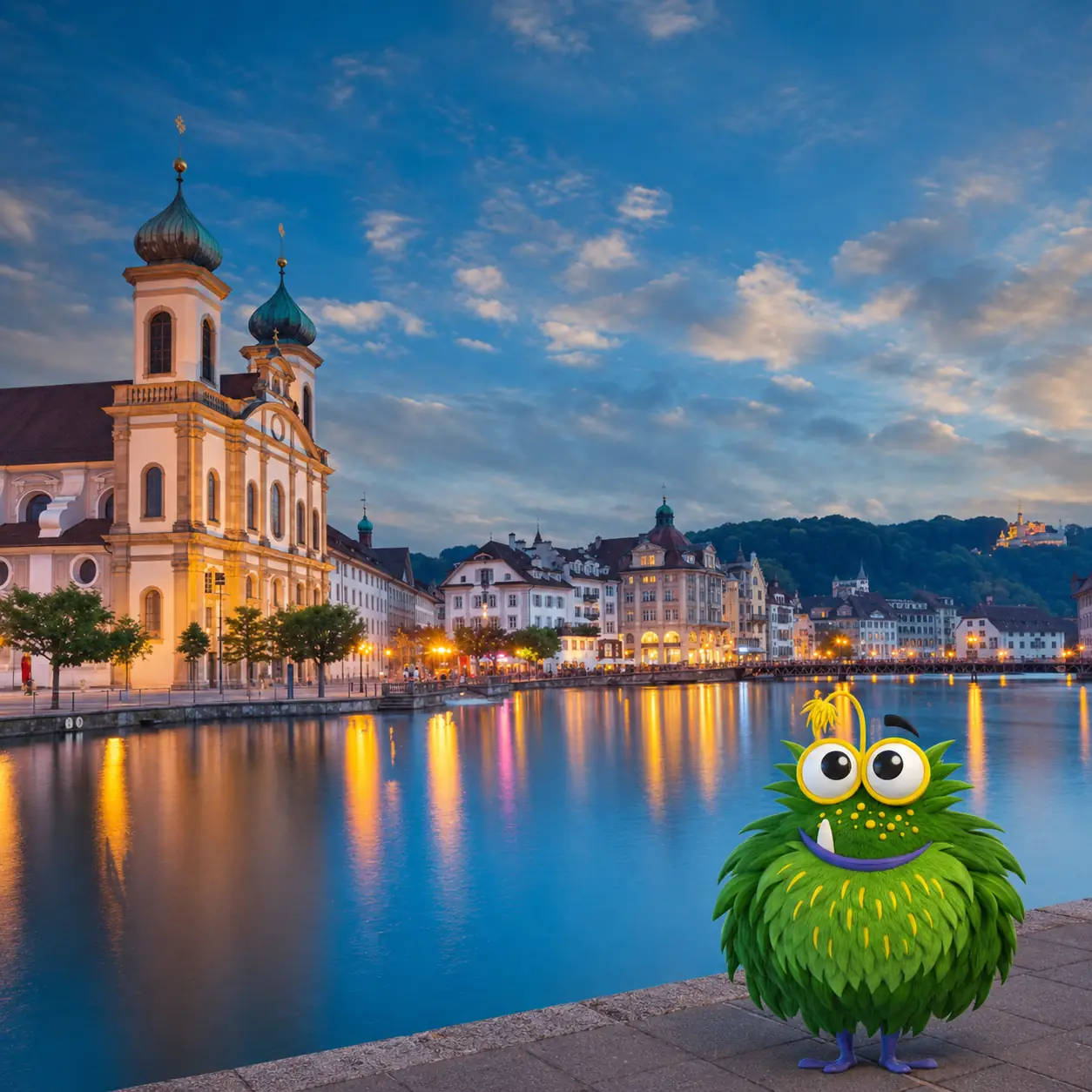 Bedrucktes Klebeband für Luzern – Tapemonster-Maskottchen Möh an der Reuss vor der Jesuitenkirche