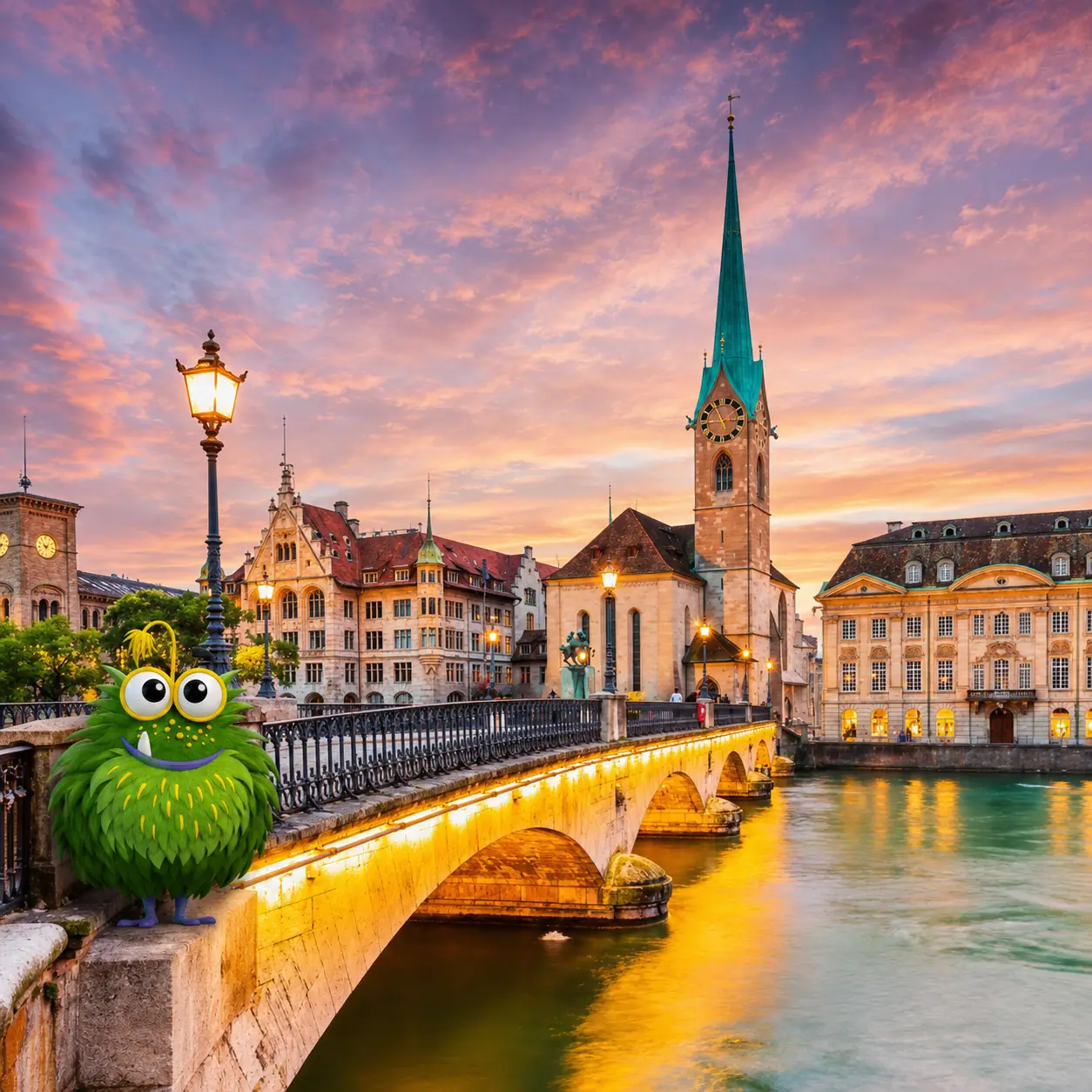 Bedrucktes Klebeband für Zürich – Tapemonster-Maskottchen Möh an der Münsterbrücke vor dem Fraumünster bei Sonnenuntergang