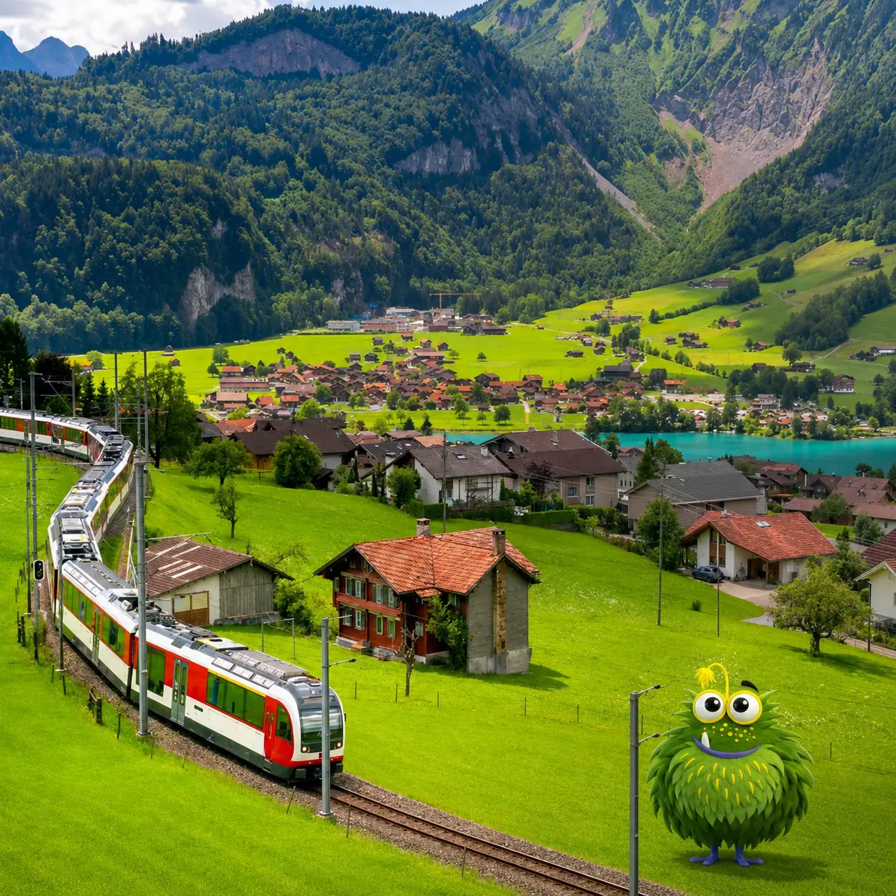 Bedrucktes Klebeband für weitere Schweizer Städte und Regionen – Tapemonster-Maskottchen Möh an der Bahnlinie vor Bergpanorama und Bergsee