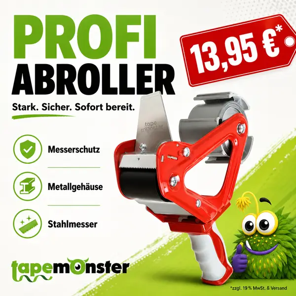 Profi-Klebeband-Abroller mit Messerschutz, Metallgehäuse und Stahlmesser für 13,95 Euro – für Schweizer Versandlager und E-Commerce-Verpacker