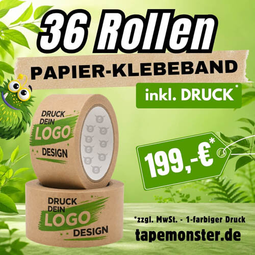 Aktionsangebot bedrucktes Papier-Klebeband ab 199 Euro – nachhaltige recycelbare Klebebandrolle für Chemnitzer Bio-Läden und nachhaltige Manufakturen