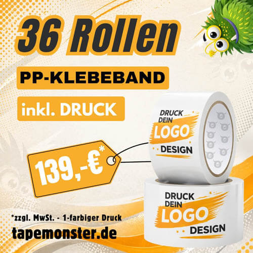 Aktionsangebot bedrucktes PP-Klebeband mit Logo für 139 Euro – günstiges Allround-Packband ab 36 Rollen für Augsburger Online-Shops und E-Commerce-Versand