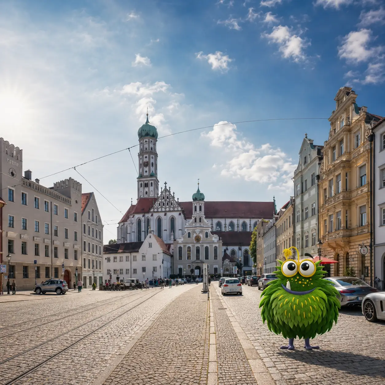 Bedrucktes Klebeband für Unternehmen in Augsburg – Tapemonster-Maskottchen Möh vor dem Augsburger Rathaus mit Klebeband-Rolle in der Hand