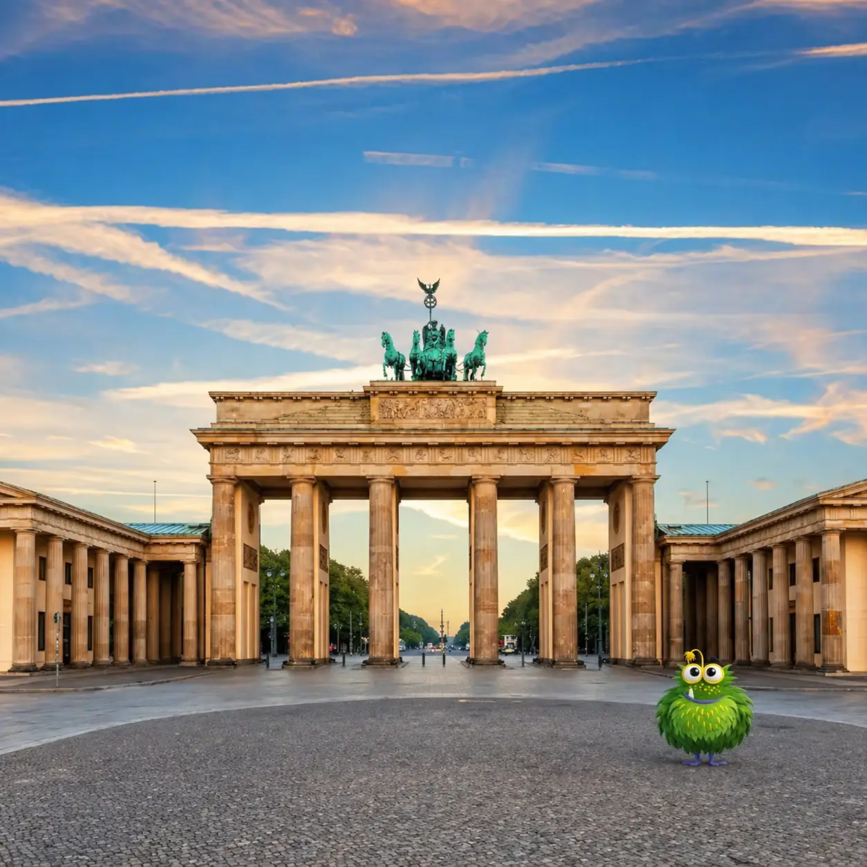 Bedrucktes Klebeband für Unternehmen in Berlin – Tapemonster-Maskottchen Möh am Brandenburger Tor mit Klebeband-Rolle in der Hand