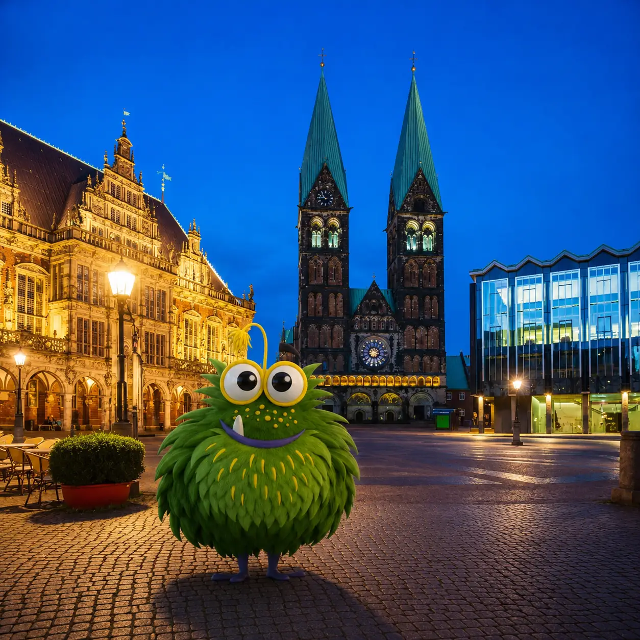 Bedrucktes Klebeband für Unternehmen in Bremen – Tapemonster-Maskottchen Möh vor den Bremer Stadtmusikanten mit Klebeband-Rolle in der Hand