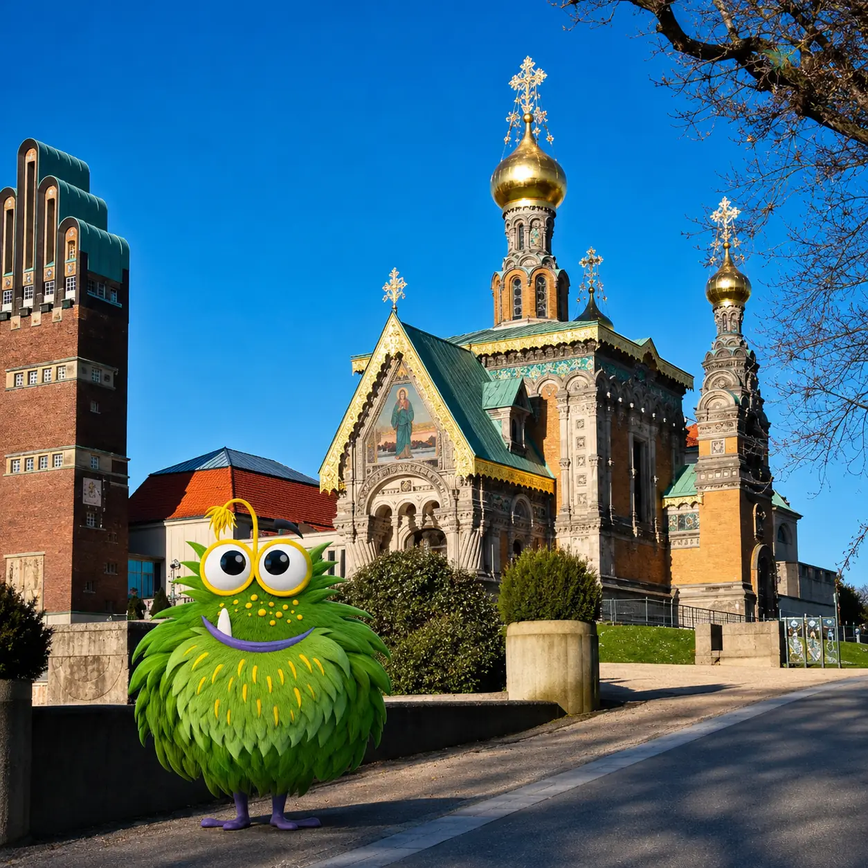 Bedrucktes Klebeband für Unternehmen in Darmstadt – Tapemonster-Maskottchen Möh am Hochzeitsturm auf der Mathildenhöhe mit Klebeband-Rolle in der Hand