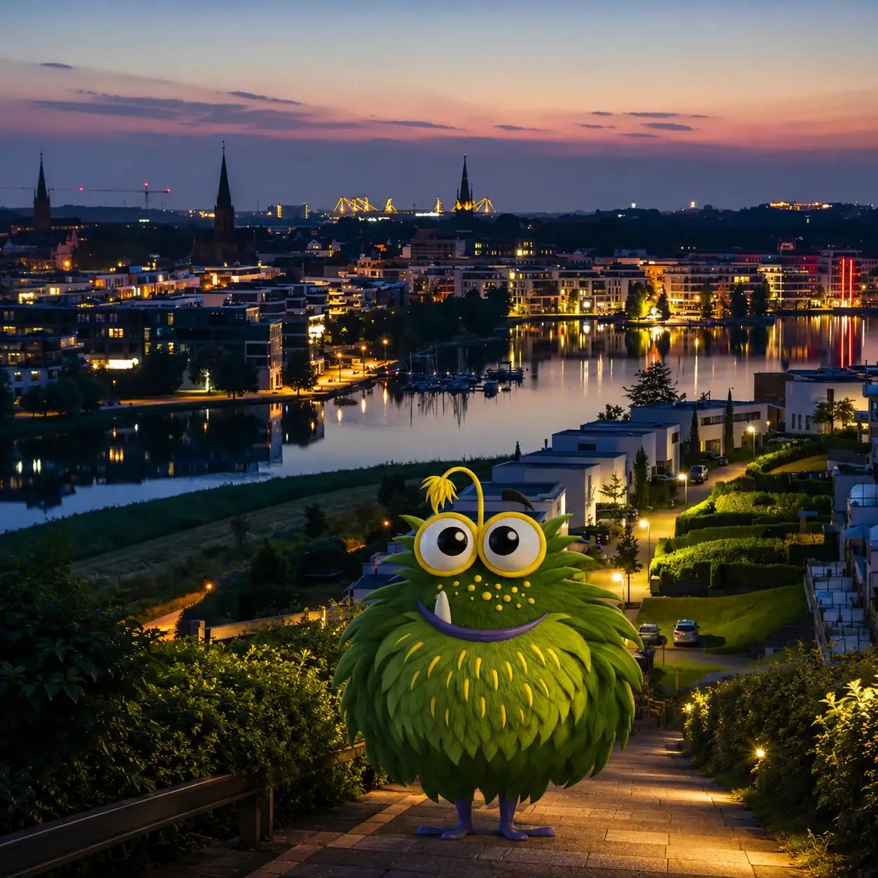 Bedrucktes Klebeband für Unternehmen in Dortmund – Tapemonster-Maskottchen Möh vor dem Dortmunder U mit Klebeband-Rolle in der Hand