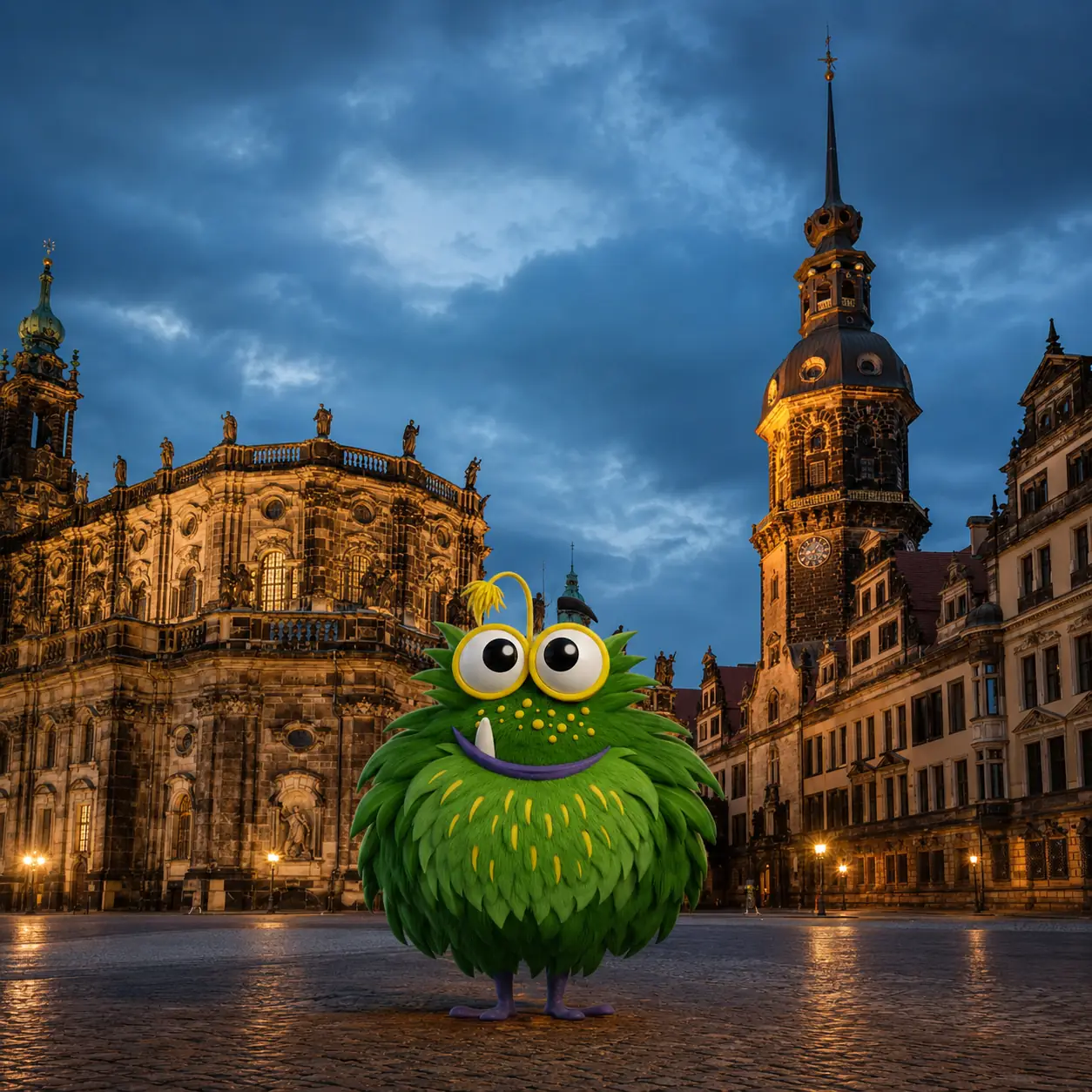 Bedrucktes Klebeband für Unternehmen in Dresden – Tapemonster-Maskottchen Möh an der Frauenkirche mit Klebeband-Rolle in der Hand