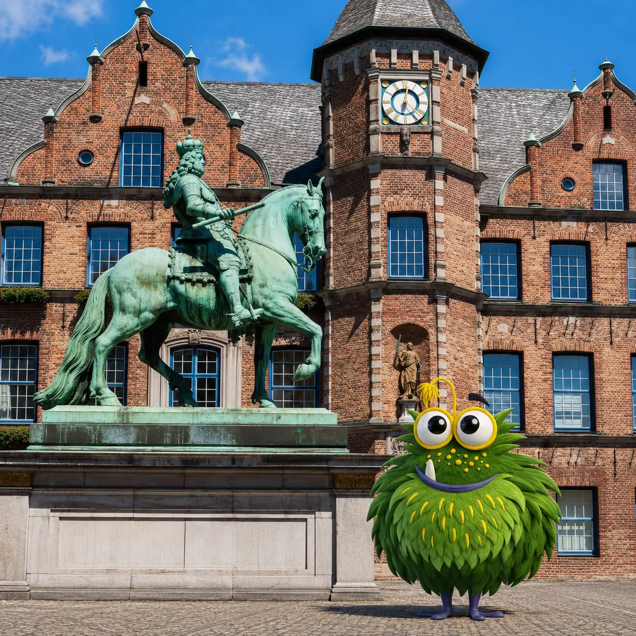 Bedrucktes Klebeband für Unternehmen in Düsseldorf – Tapemonster-Maskottchen Möh an der Königsallee mit Klebeband-Rolle in der Hand