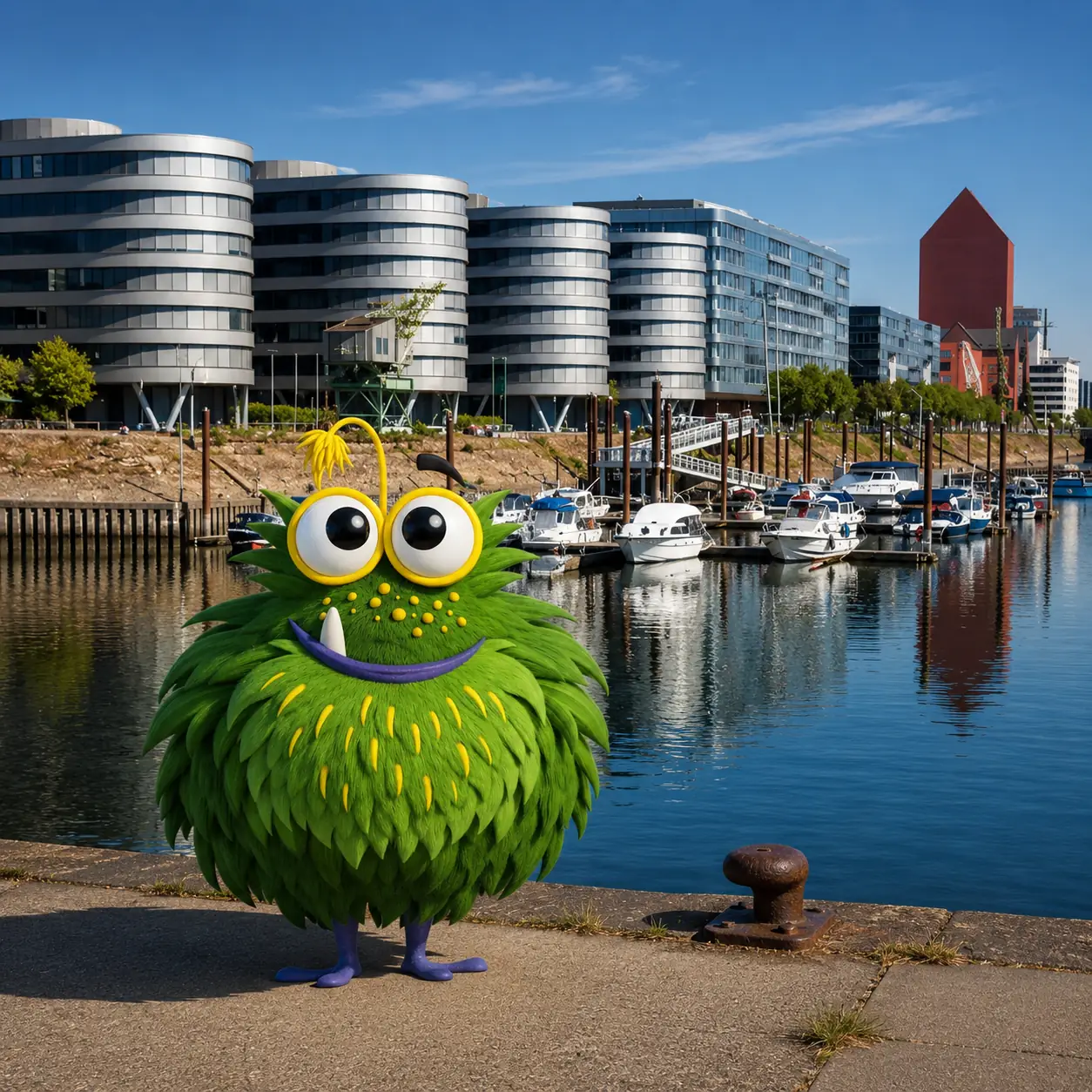 Bedrucktes Klebeband für Unternehmen in Duisburg – Tapemonster-Maskottchen Möh am Duisburger Innenhafen mit Klebeband-Rolle in der Hand