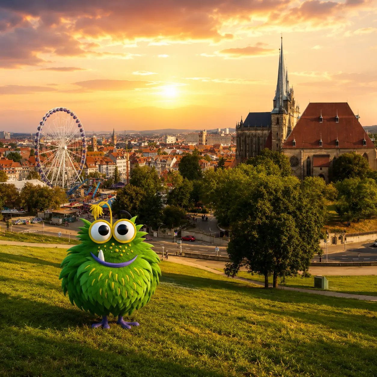 Bedrucktes Klebeband für Unternehmen in Erfurt – Tapemonster-Maskottchen Möh an der Krämerbrücke mit Klebeband-Rolle in der Hand