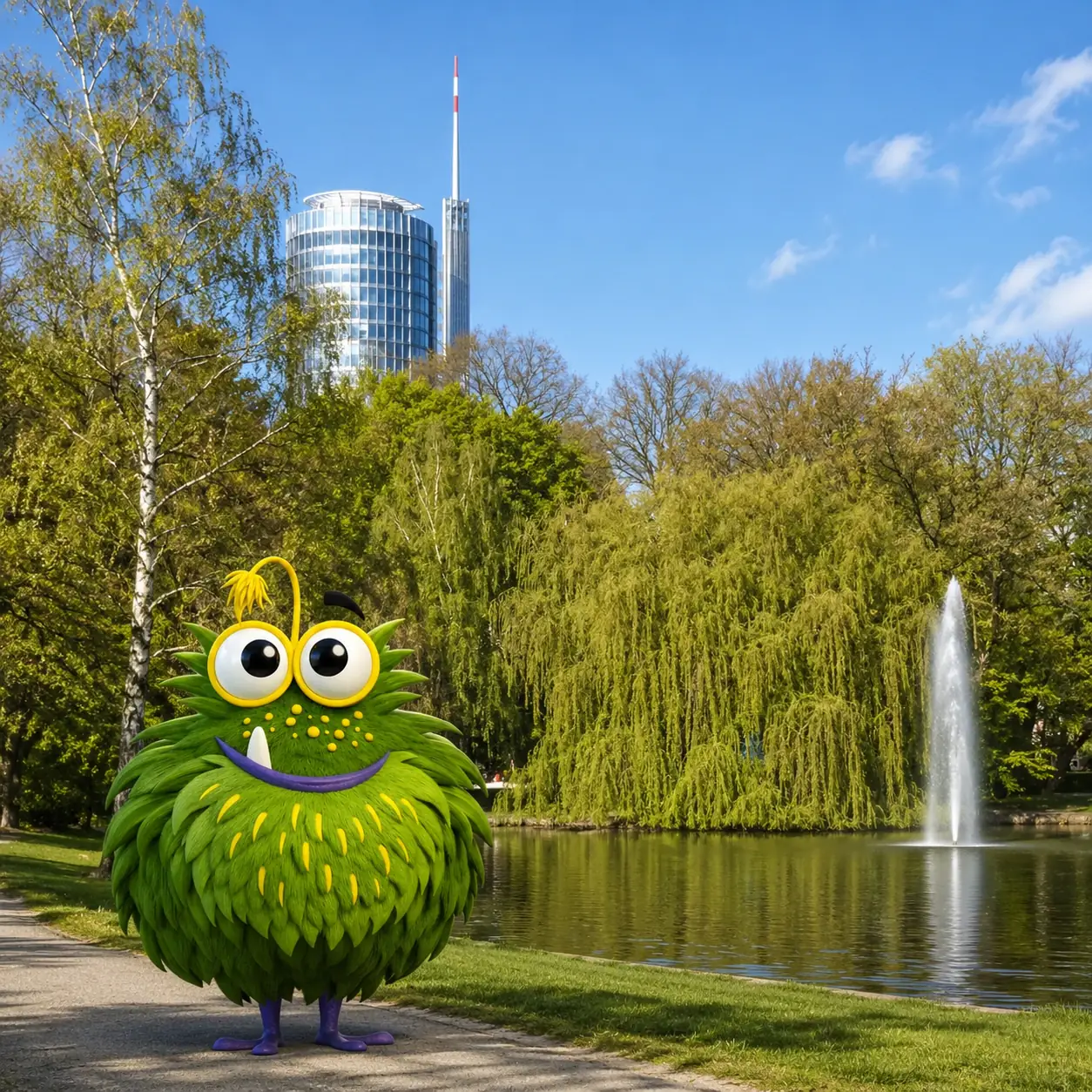 Bedrucktes Klebeband für Unternehmen in Essen – Tapemonster-Maskottchen Möh vor der Zeche Zollverein mit Klebeband-Rolle in der Hand