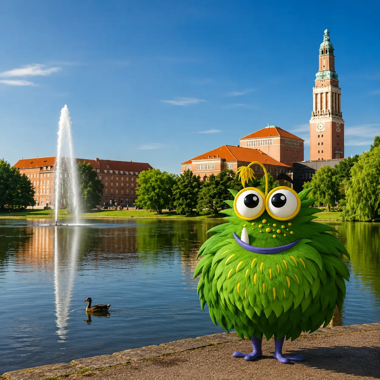 Bedrucktes Klebeband für Unternehmen in Kiel – Tapemonster-Maskottchen Möh an der Kieler Förde mit Klebeband-Rolle in der Hand