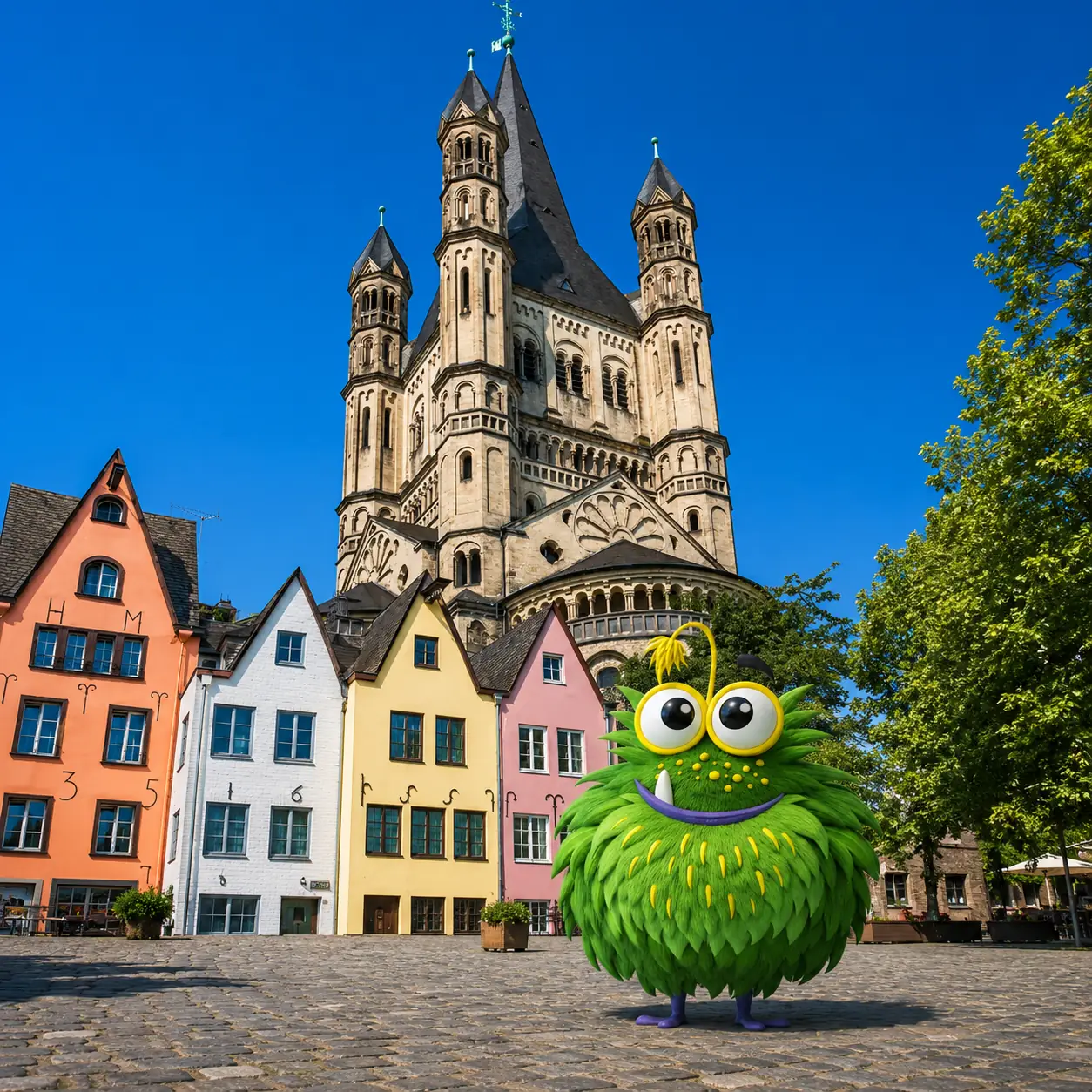 Bedrucktes Klebeband für Unternehmen in Köln – Tapemonster-Maskottchen Möh am Kölner Dom mit Klebeband-Rolle in der Hand