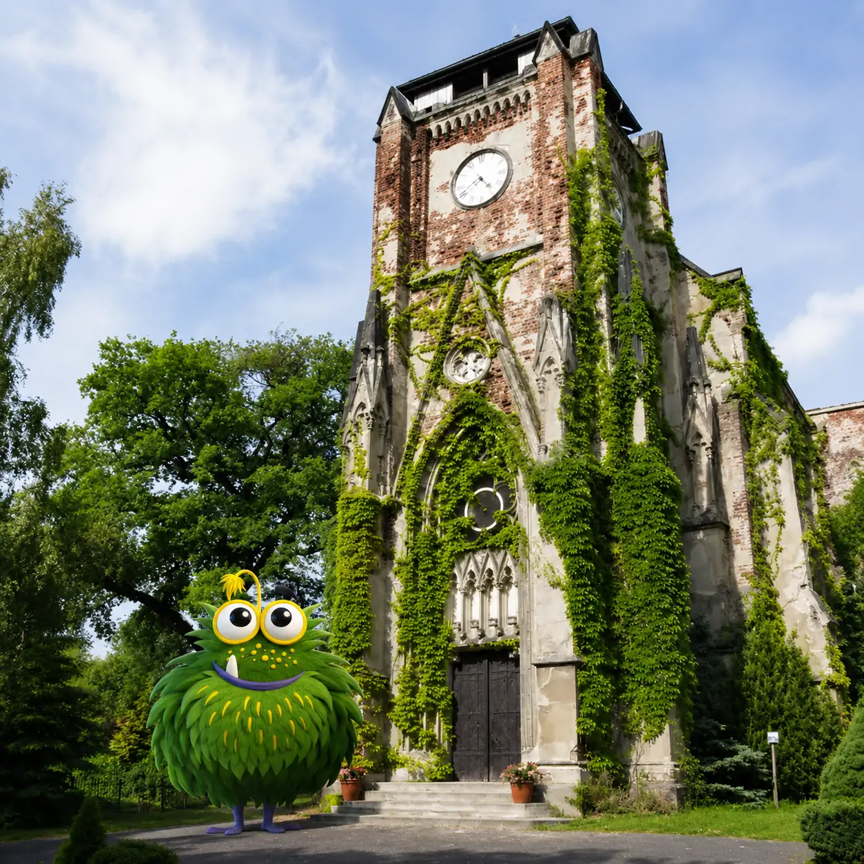 Bedrucktes Klebeband für Unternehmen in Leipzig – Tapemonster-Maskottchen Möh vor dem Leipziger Neuen Rathaus mit Klebeband-Rolle in der Hand