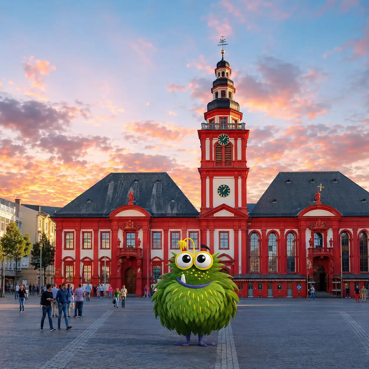Bedrucktes Klebeband für Unternehmen in Mannheim – Tapemonster-Maskottchen Möh am Mannheimer Wasserturm mit Klebeband-Rolle in der Hand