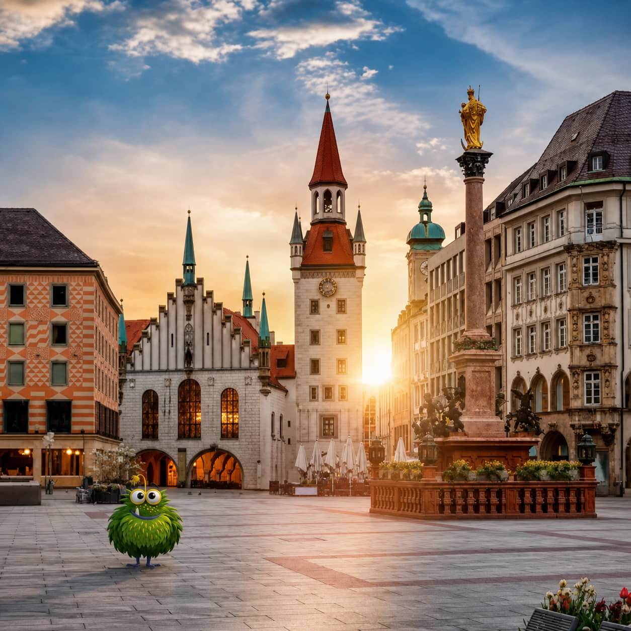 Bedrucktes Klebeband für Unternehmen in München – Tapemonster-Maskottchen Möh am Marienplatz mit Klebeband-Rolle in der Hand
