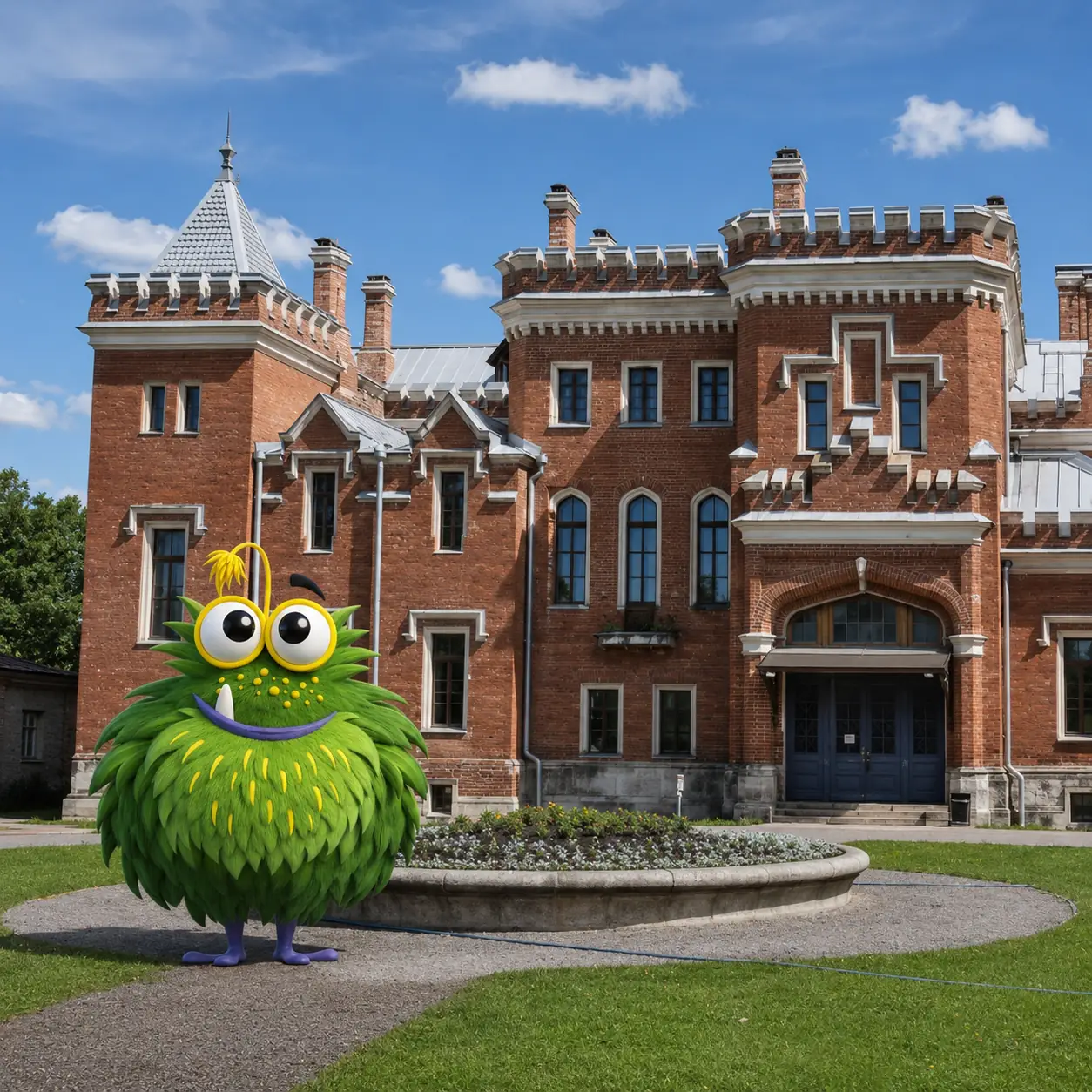 Bedrucktes Klebeband für Unternehmen in Oldenburg – Tapemonster-Maskottchen Möh vor dem Oldenburger Schloss mit Klebeband-Rolle in der Hand