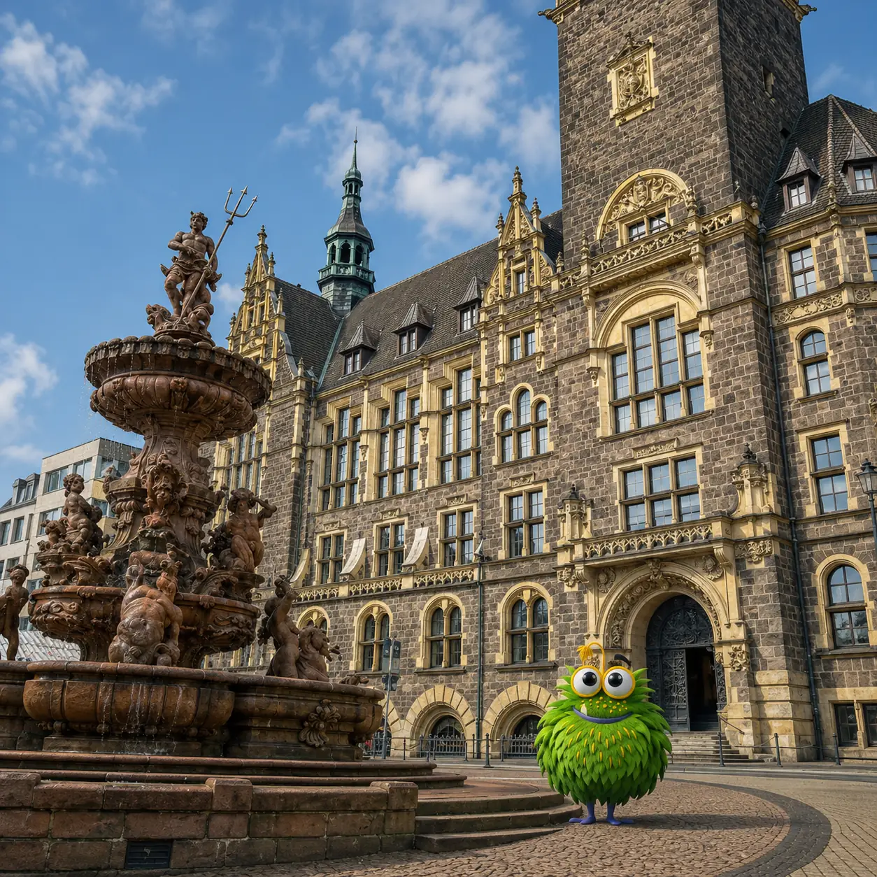 Bedrucktes Klebeband für Unternehmen in Wuppertal – Tapemonster-Maskottchen Möh an der Schwebebahn mit Klebeband-Rolle in der Hand