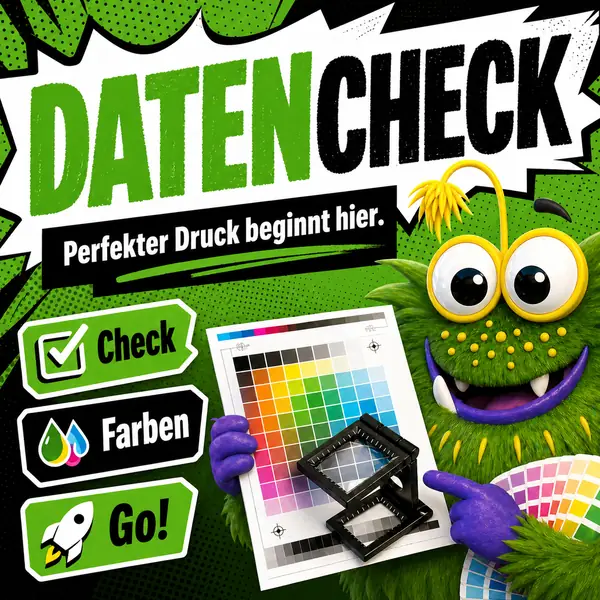 Kostenloser Datencheck für Klebeband-Druckdaten – Tapemonster-Maskottchen Möh prüft Farbfächer und Druckfarben