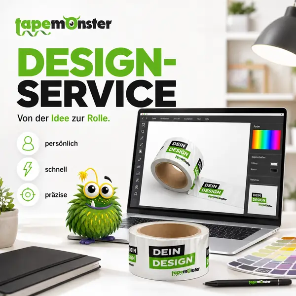 Design-Service für bedrucktes Klebeband – Klebeband-Layout am Laptop mit Logo-Mockup und Farbpalette