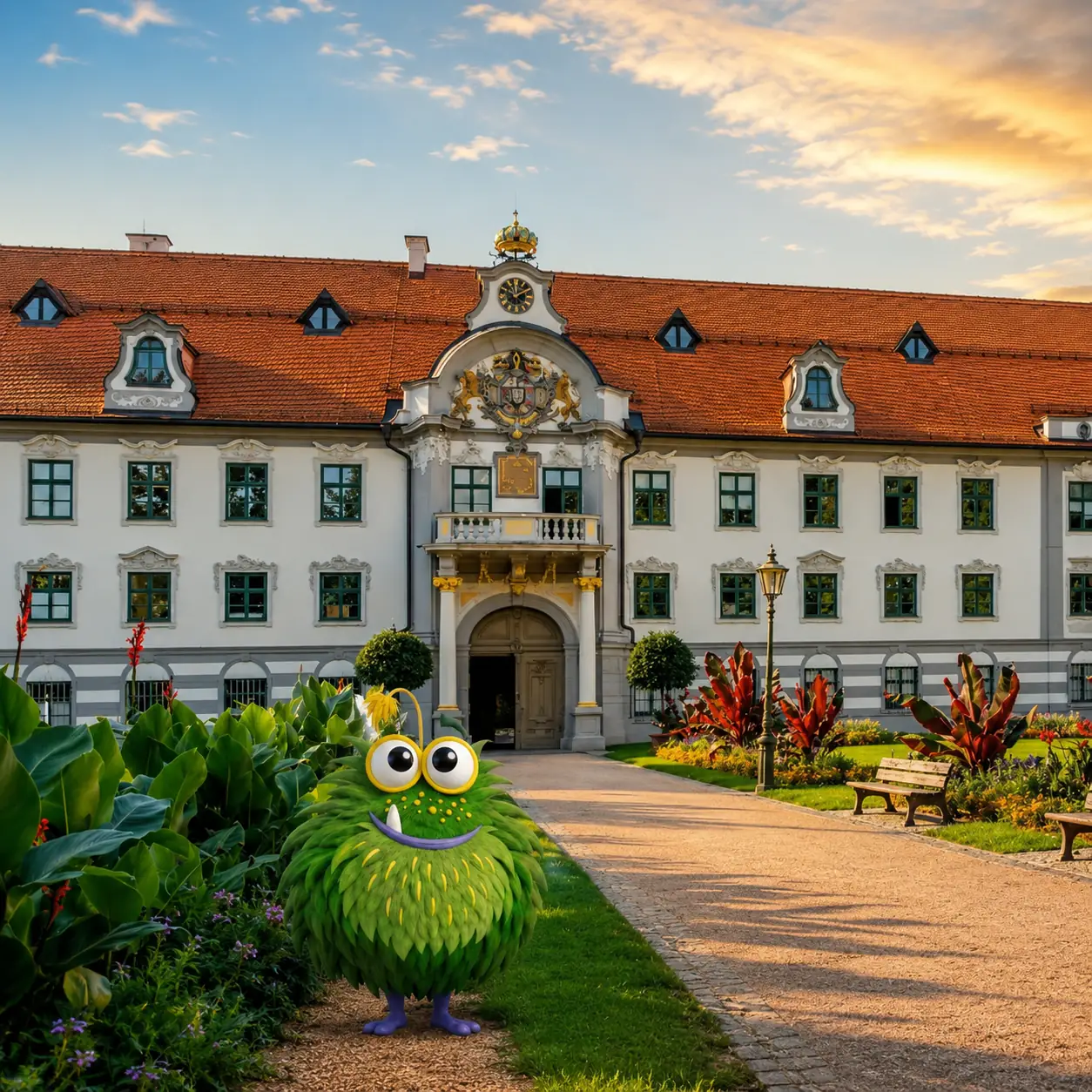 Bedrucktes Klebeband mit Logo für Augsburger Unternehmen – Tapemonster-Maskottchen Möh vor dem Augsburger Rathaus mit individuell bedruckter Klebebandrolle