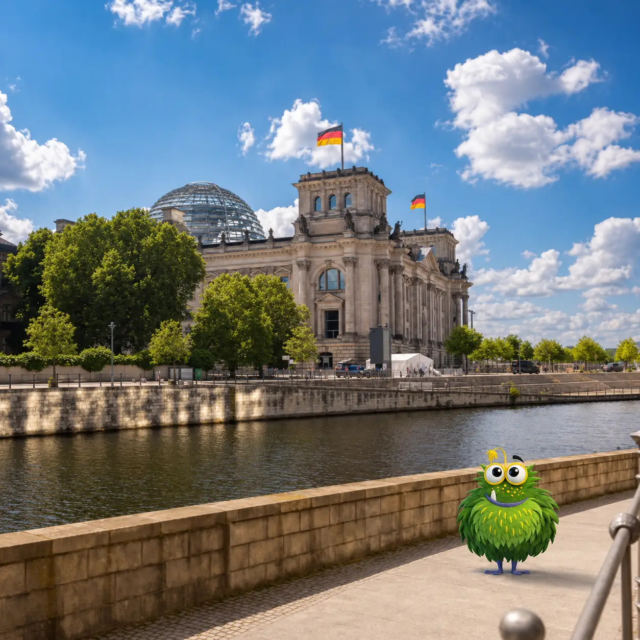 Bedrucktes Klebeband mit Logo für Berliner Unternehmen – Tapemonster-Maskottchen Möh am Reichstag mit individuell bedruckter Klebebandrolle