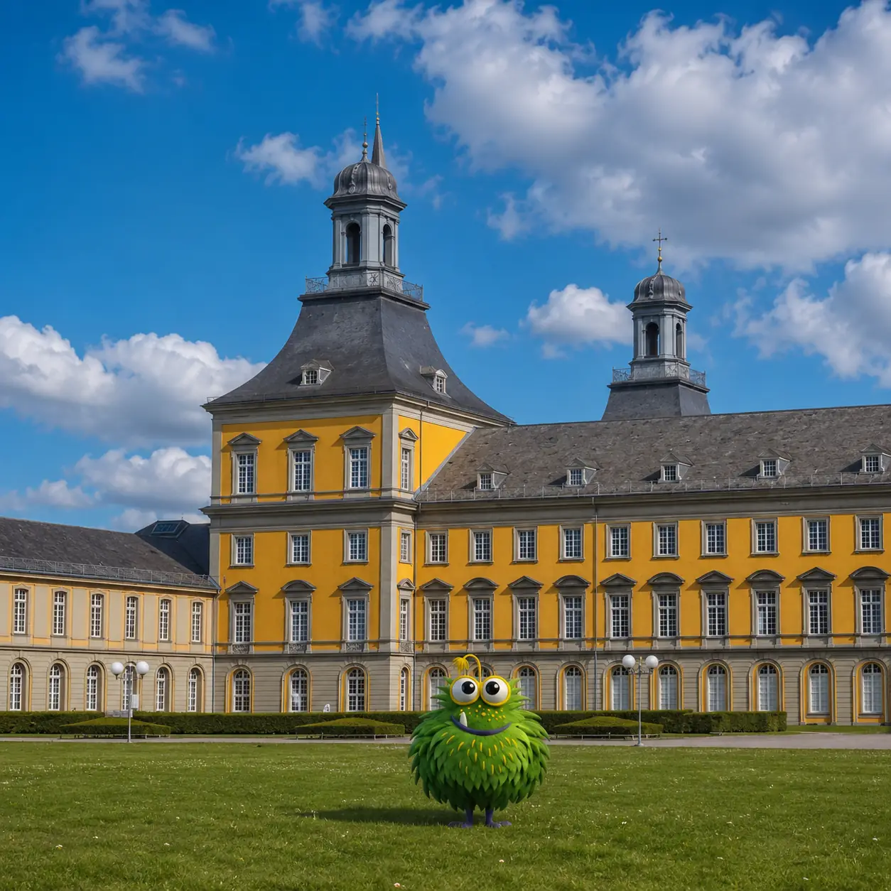 Bedrucktes Klebeband mit Logo für Bonner Unternehmen – Tapemonster-Maskottchen Möh am Bonner Münster mit individuell bedruckter Klebebandrolle