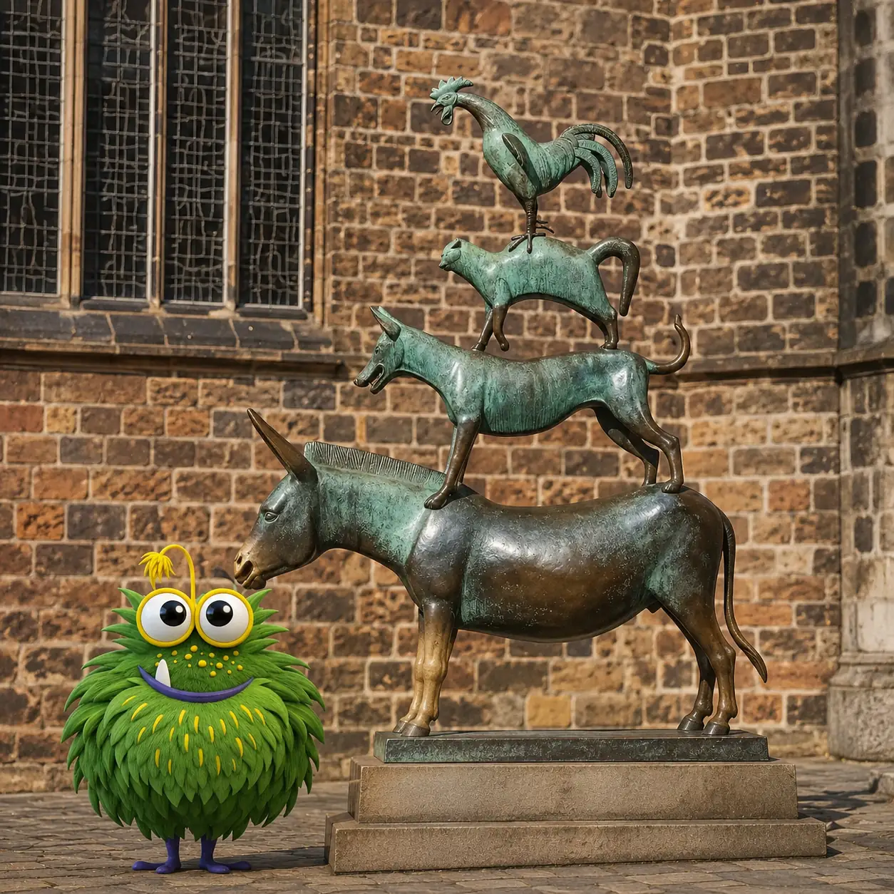 Bedrucktes Klebeband mit Logo für Bremer Unternehmen – Tapemonster-Maskottchen Möh am Bremer Roland mit individuell bedruckter Klebebandrolle