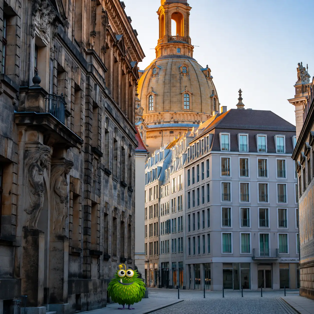 Bedrucktes Klebeband mit Logo für Dresdner Unternehmen – Tapemonster-Maskottchen Möh an der Frauenkirche mit individuell bedruckter Klebebandrolle