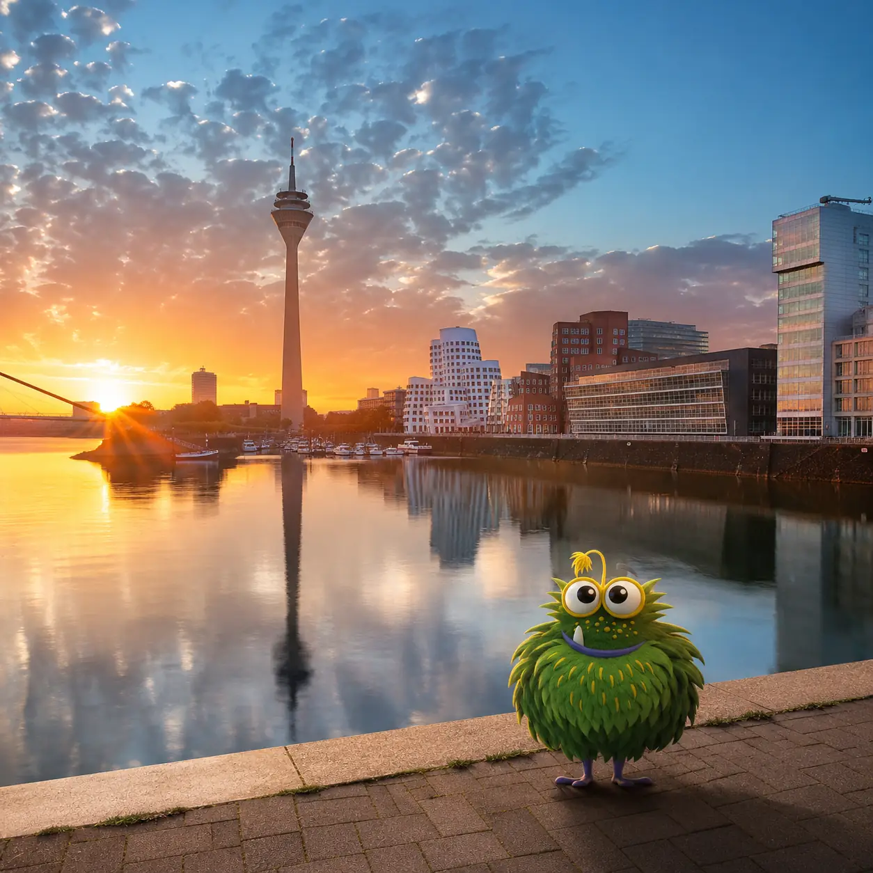 Bedrucktes Klebeband mit Logo für Düsseldorfer Unternehmen – Tapemonster-Maskottchen Möh am Rheinturm mit individuell bedruckter Klebebandrolle