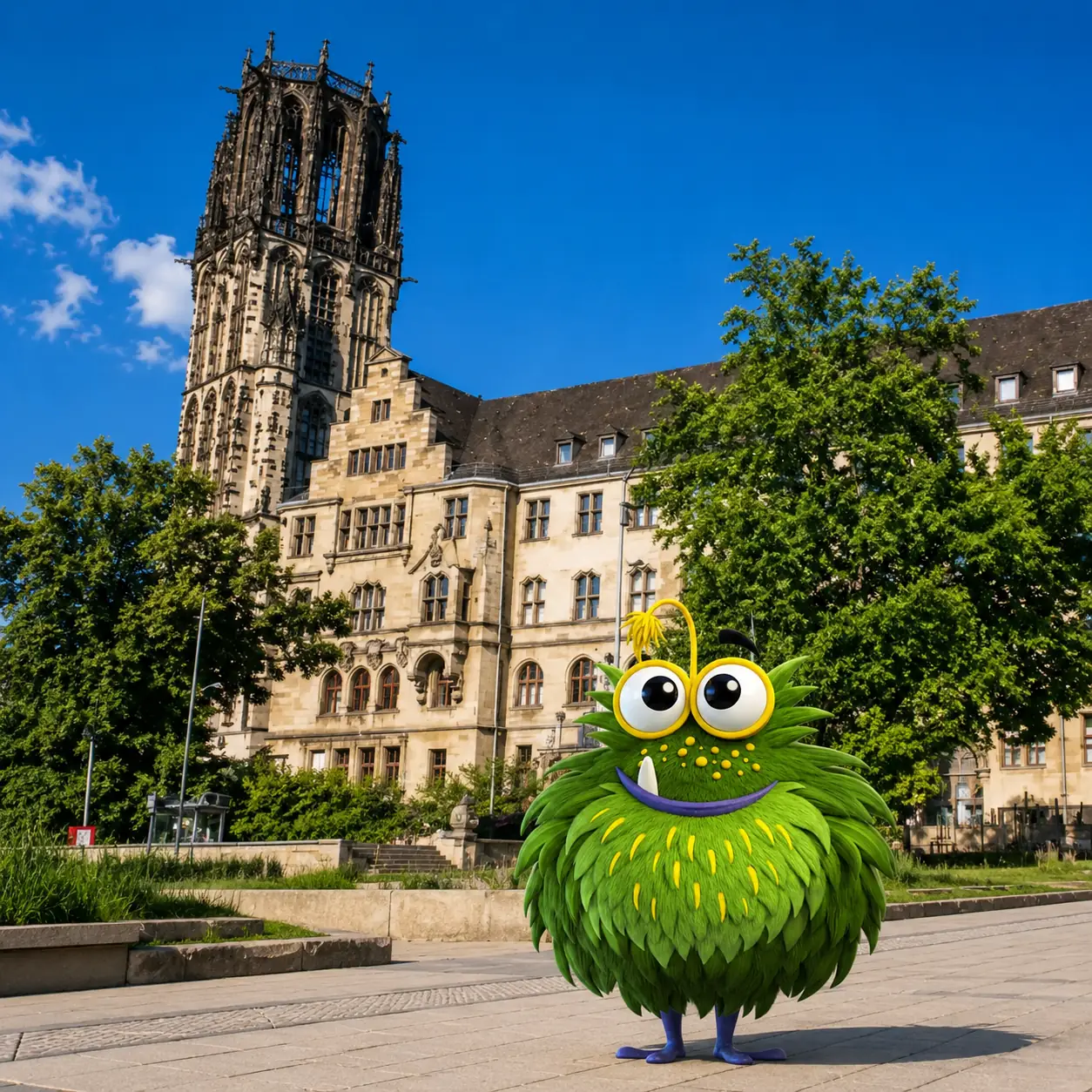Bedrucktes Klebeband mit Logo für Duisburger Unternehmen – Tapemonster-Maskottchen Möh am Duisburger Hafen mit individuell bedruckter Klebebandrolle