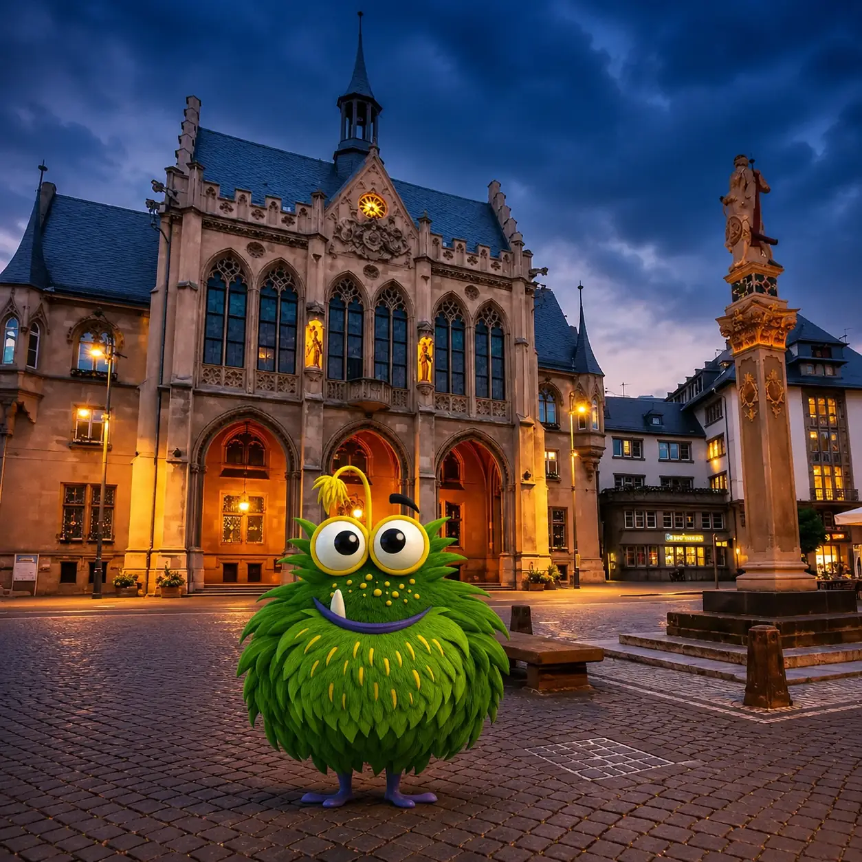 Bedrucktes Klebeband mit Logo für Erfurter Unternehmen – Tapemonster-Maskottchen Möh vor dem Erfurter Dom mit individuell bedruckter Klebebandrolle