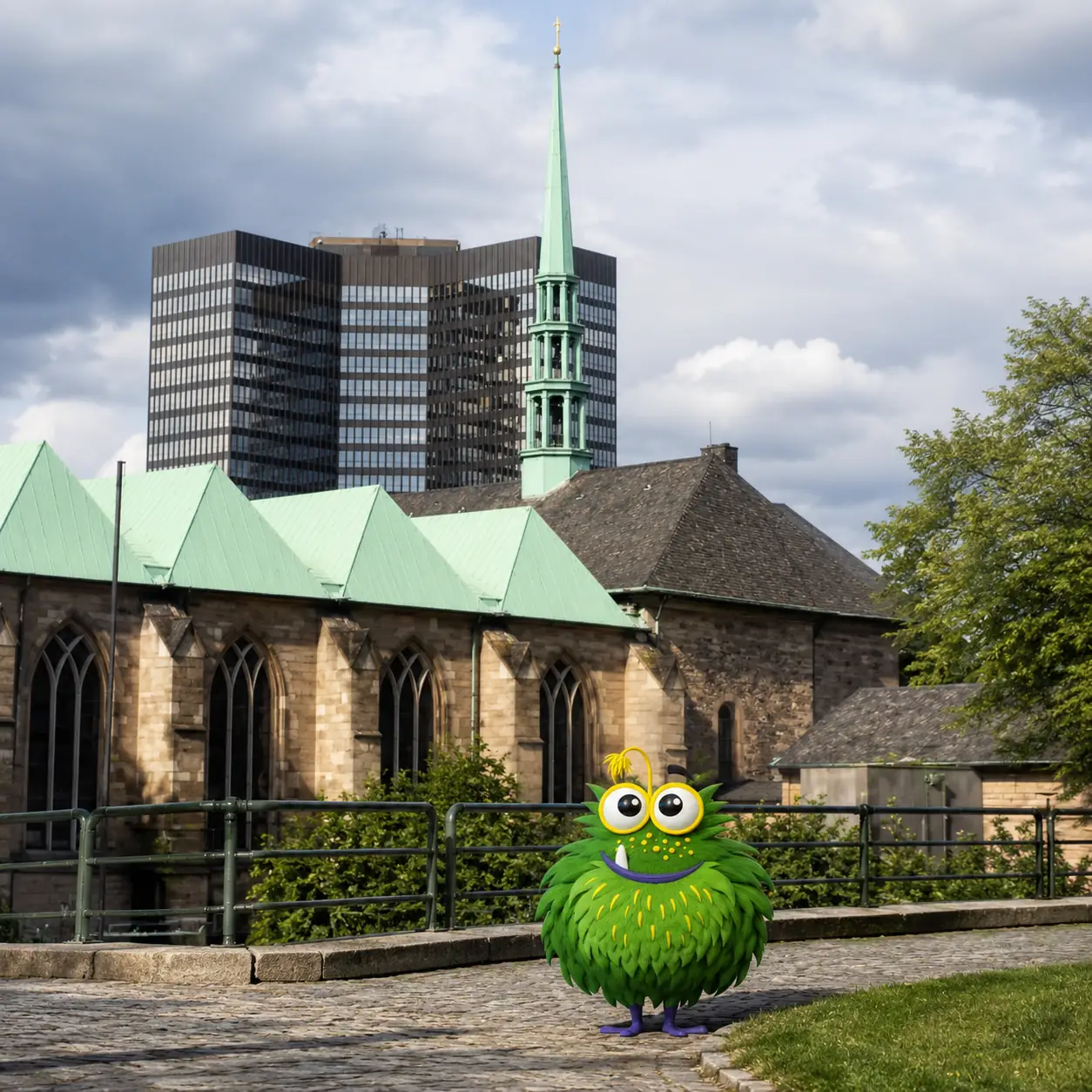 Bedrucktes Klebeband mit Logo für Essener Unternehmen – Tapemonster-Maskottchen Möh vor der Zeche Zollverein mit individuell bedruckter Klebebandrolle