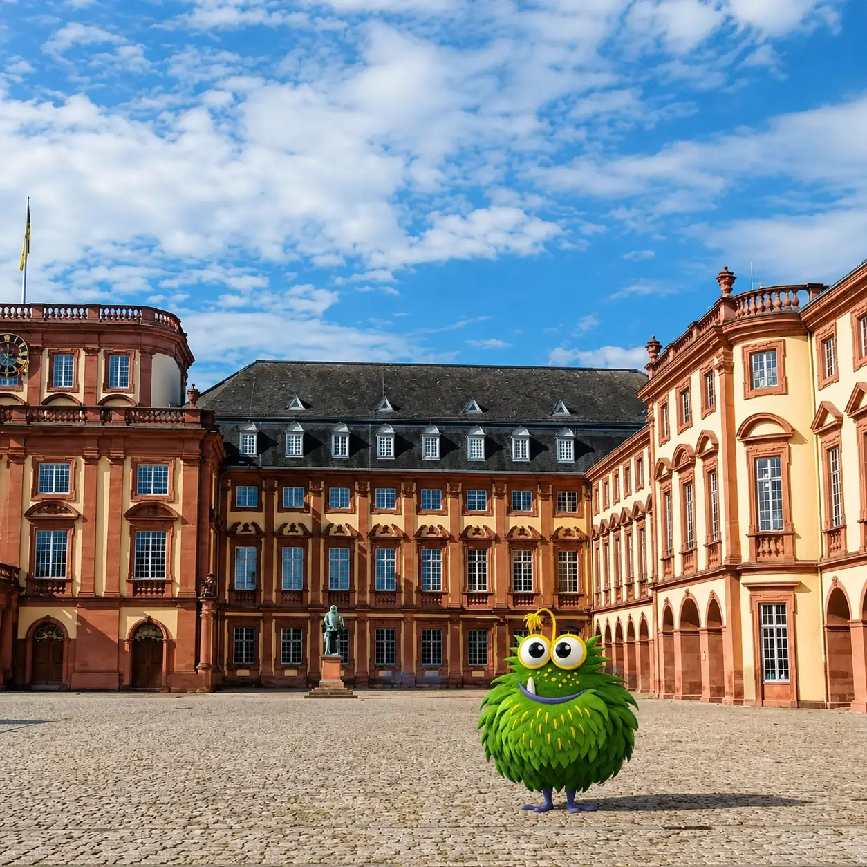 Bedrucktes Klebeband mit Logo für Mannheimer Unternehmen – Tapemonster-Maskottchen Möh am Mannheimer Wasserturm mit individuell bedruckter Klebebandrolle
