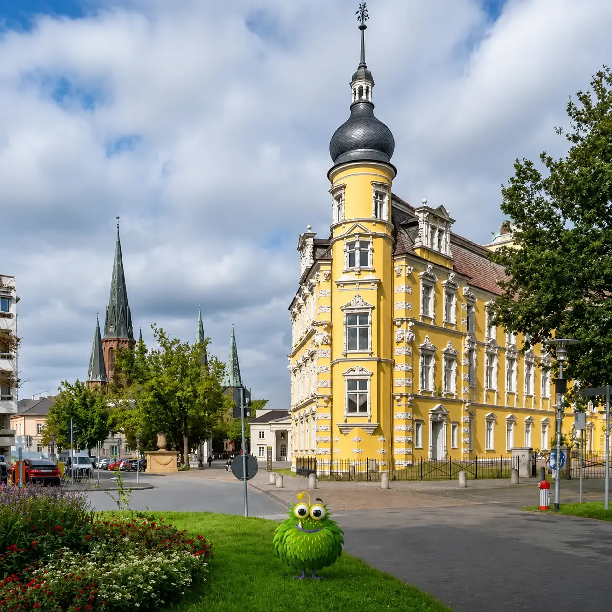 Bedrucktes Klebeband mit Logo für Oldenburger Unternehmen – Tapemonster-Maskottchen Möh am Oldenburger Schloss mit individuell bedruckter Klebebandrolle