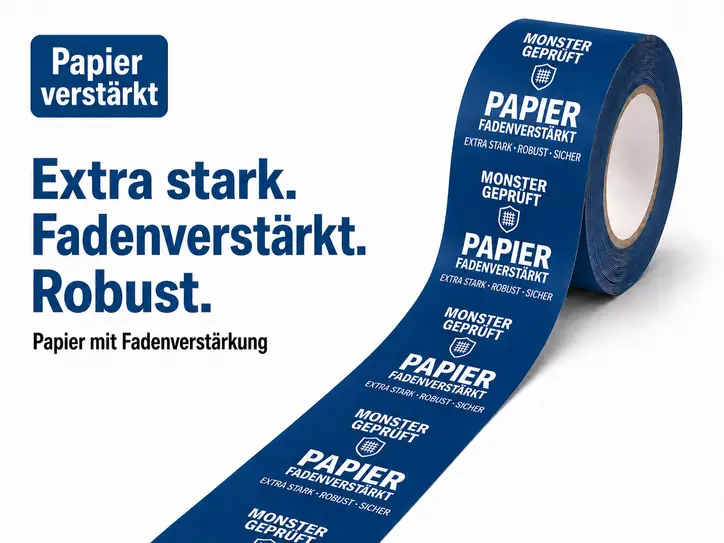 Fadenverstärktes Papierklebeband mit Logo bedrucken für die Schweiz – blaues Papier-Klebeband, extra stark und robust für schwere Pakete