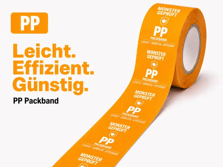 PP-Klebeband mit Logo bedrucken für die Schweiz – oranges PP-Packband, leicht, effizient und günstig für Onlineshops