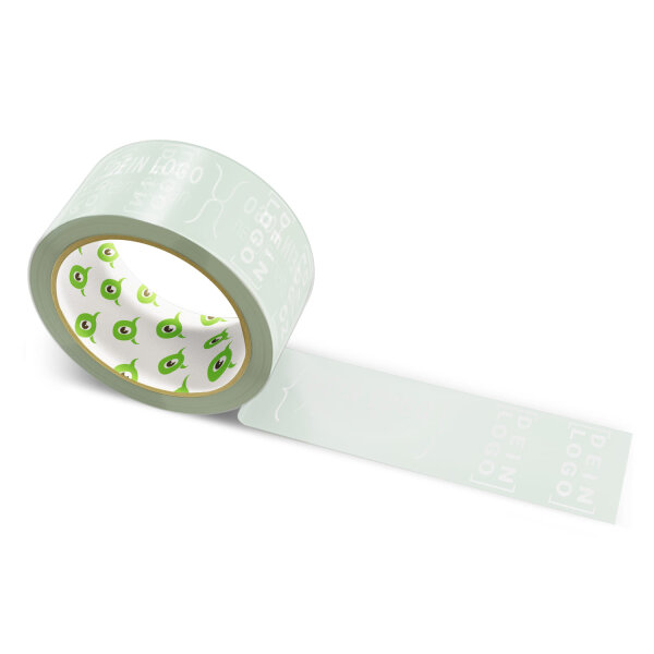 PP-adhesive tape with logo print - 1-color - 66 m light gray green #BFCEC2 - best value
