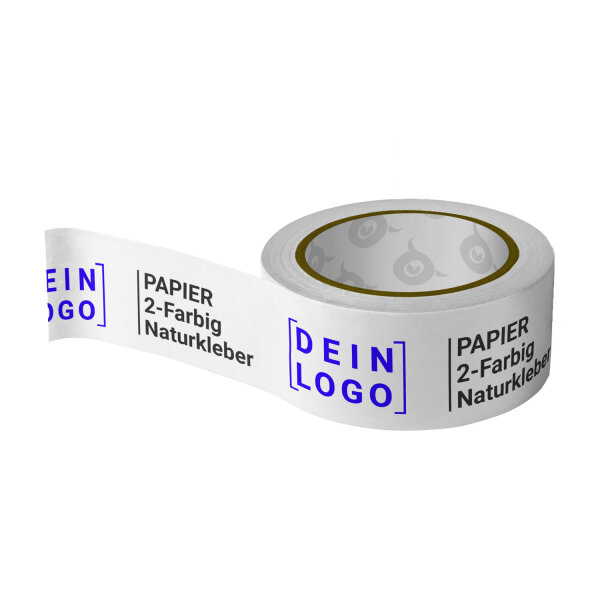 Papier Klebeband mit Logo - 2-farbig- 50 mm x 50 m - Weiß - mit Natur Kleber