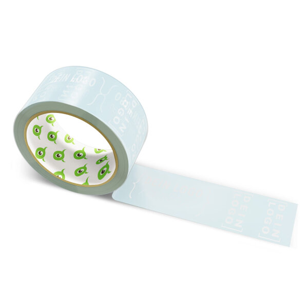 PVC-adhesive tape with logo print - 1-color - 66 m light sky blue - CMYK 16/4/0/14