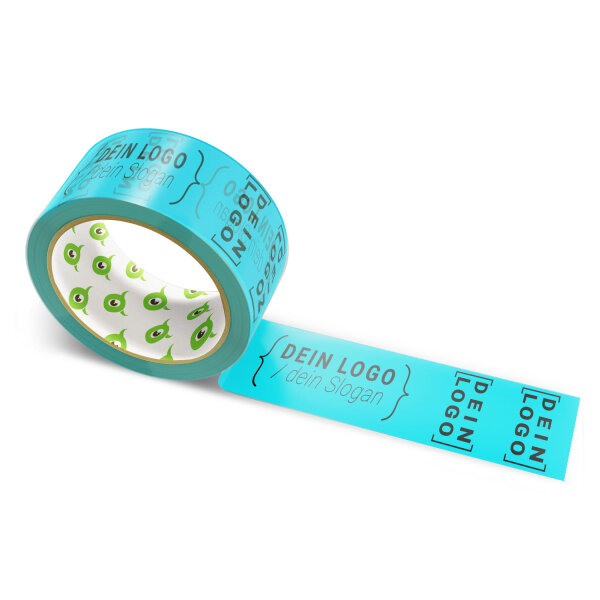 PP-adhesive tape with logo print - 1-color - 66 m light turquoise - RGB (5, 195, 222) - best value