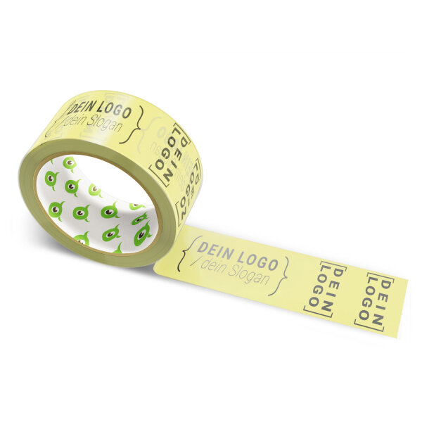 PP-adhesive tape with logo print - 1-color - 66 m pale yellow green - RGB (230, 222, 119) - best value