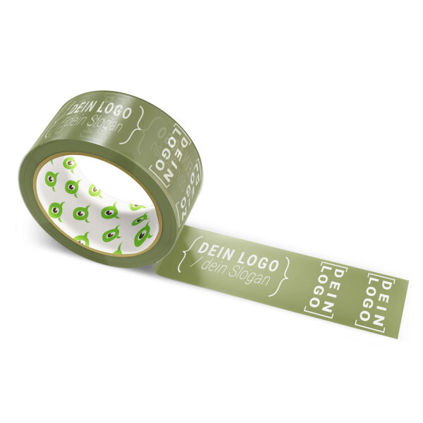 PP-adhesive tape with logo print - 1-color - 66 m gray green - RGB (93, 100, 57) - best value