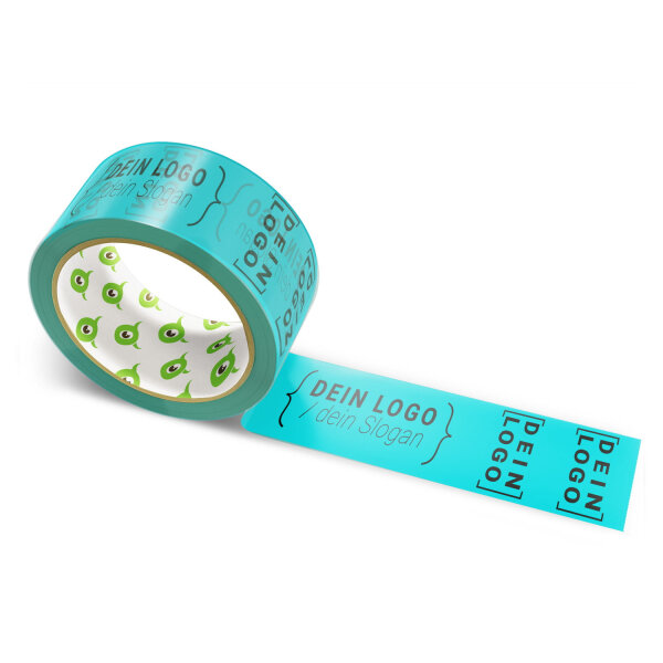 PVC-adhesive tape with logo print - 1-color - 66 m vivid turquoise - RGB (0, 176, 185)