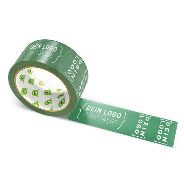 PP-adhesive tape with logo print - 1-color - 66 m dark sea green - CMYK 59/0/34/62 - best value